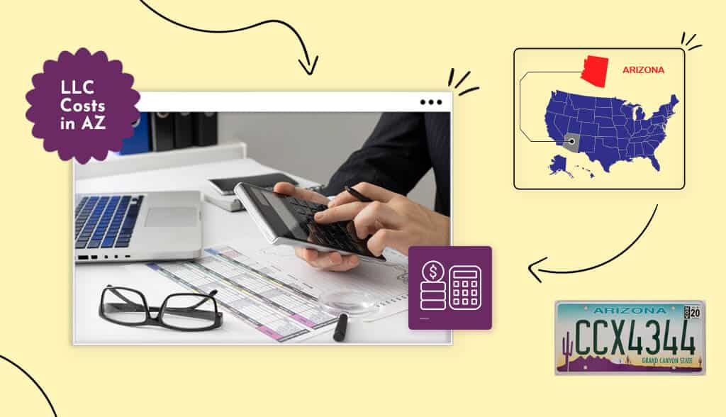 calculator reading glasses laptop calculating LLC costs in AZ