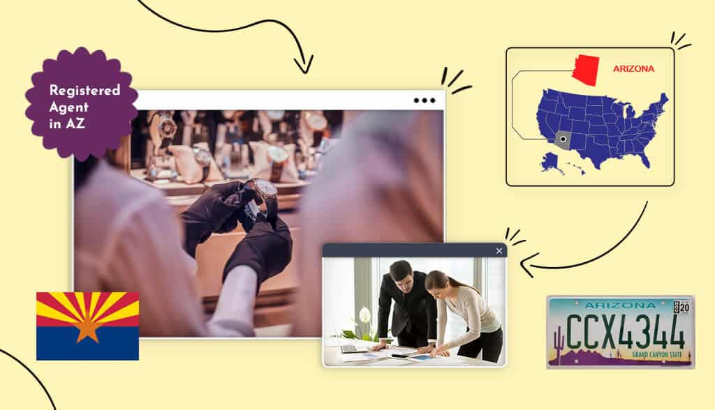 Registered Agent in AZ states map Arizona map watch store man and woman in a business meting