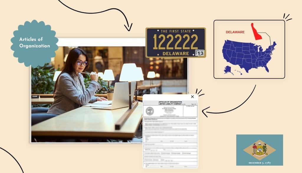 woman with glasses sitting filing her articles of organization to register an llc in Delaware states map Delaware map