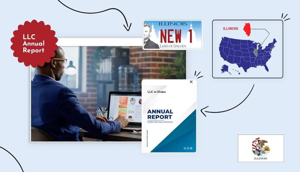 Illinois annual report a man with glasses on his laptop filling an annual report states map