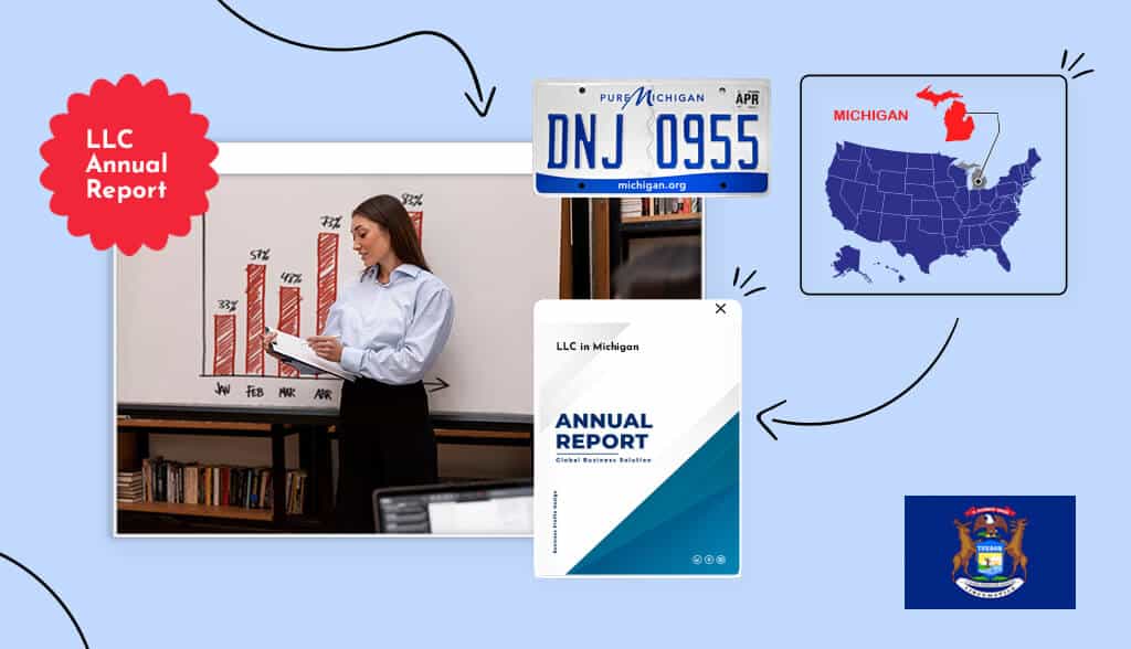 woman in front of a board annual report LLC annual report Michigan states map
