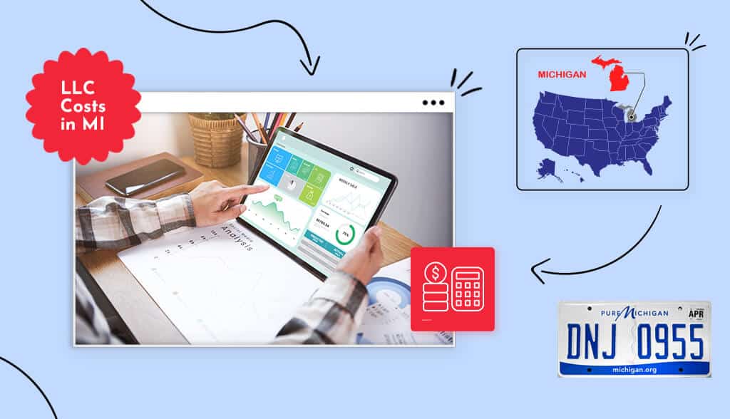 laptop presentation breakdown of cots llc costs in Michigan states map