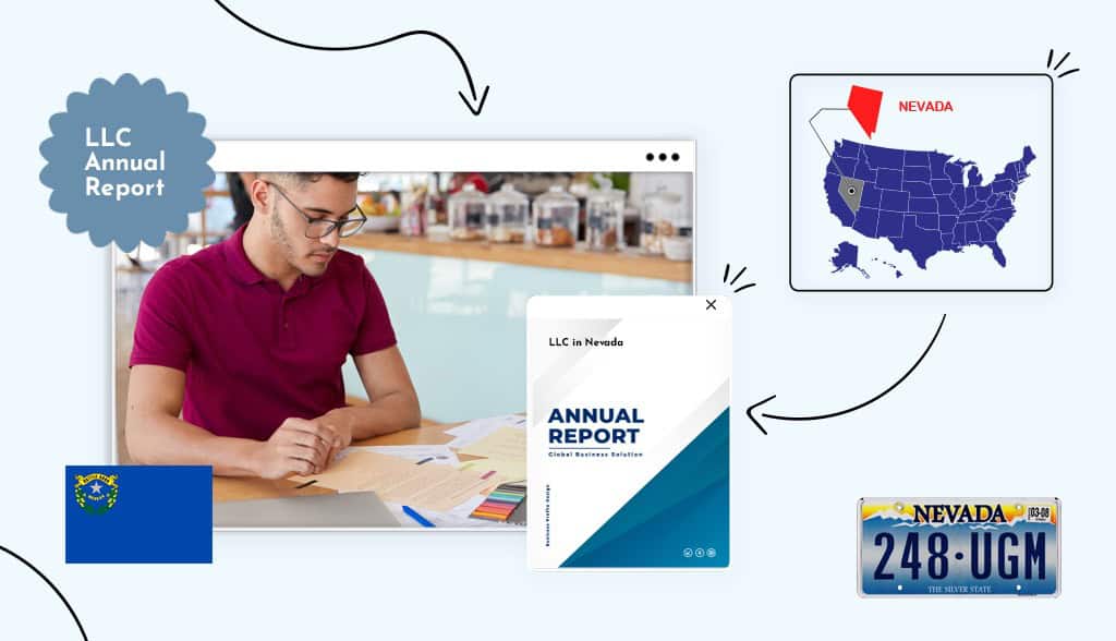 Person with glasses filing an LLC annual report LLC with Nevada state map and Nevada icons.