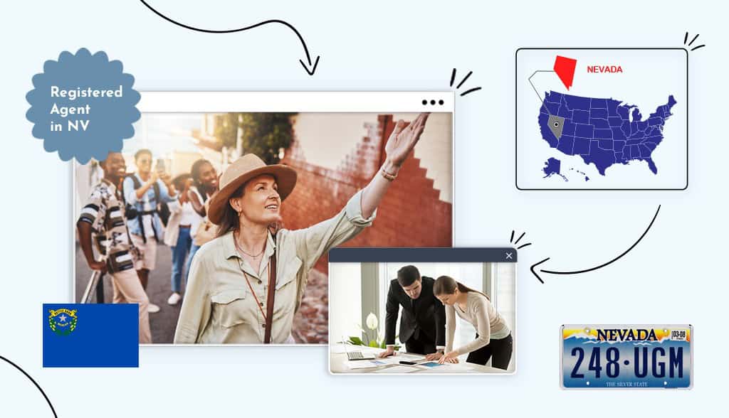 female registered agent with a hat raising her hand with Nevada state map and Nevada icons