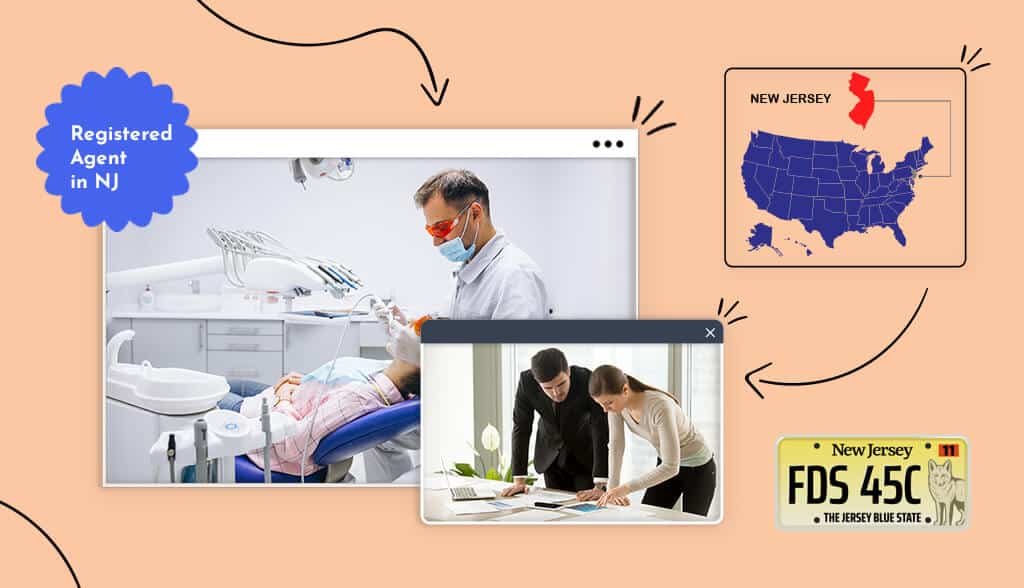 Dentist and people discussing business registered agent in NJ states map