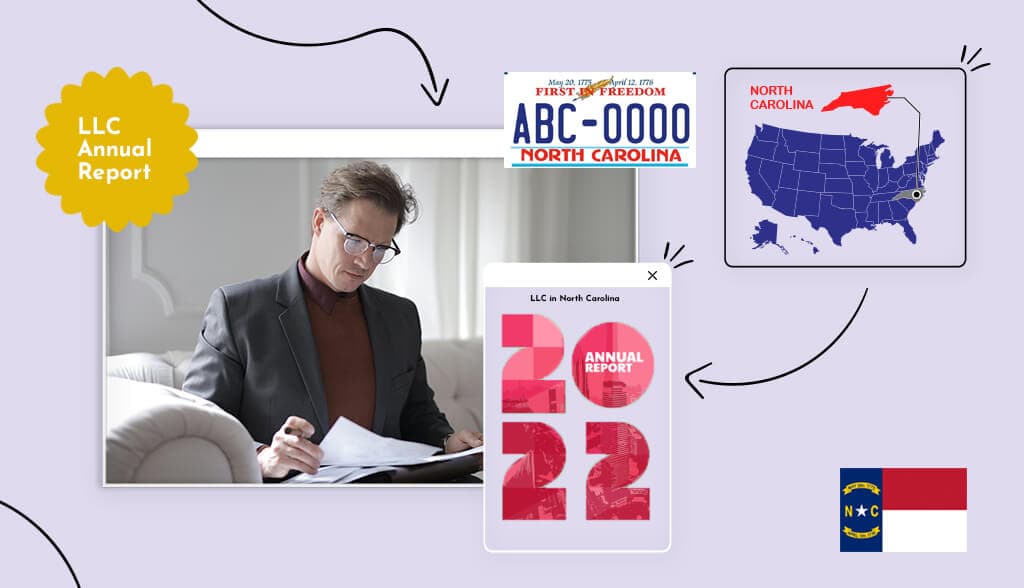 North Carolina Annual Report being filled out by a business man on a couch