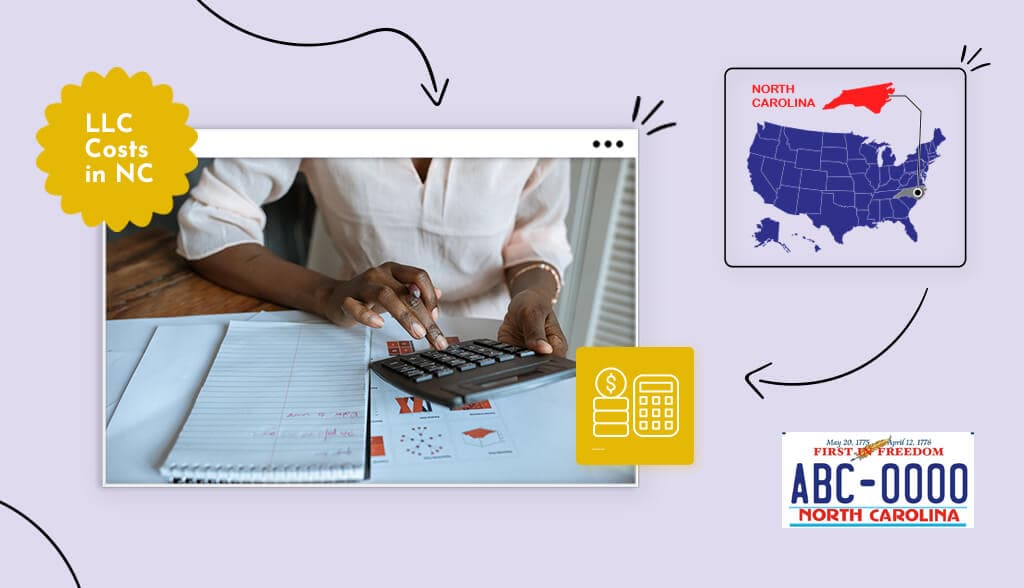 North Carolina LLC Costs showing a man at his computer with NC icons around