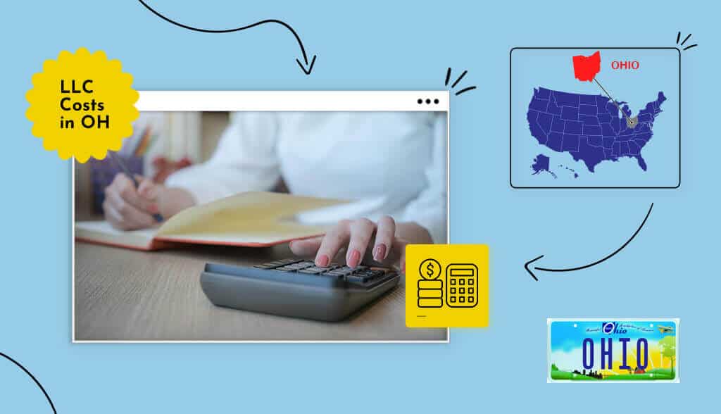 Business man at his desk calculating his Ohio LLC costs with an Ohio state map and icons