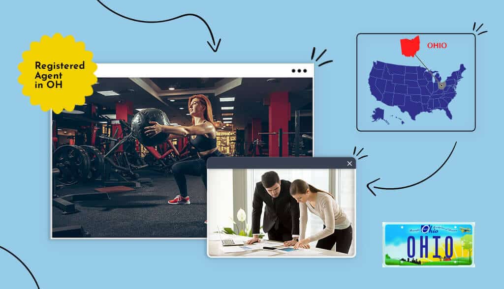 Woman in a gym with Ohio registered agent text and Ohio state icons