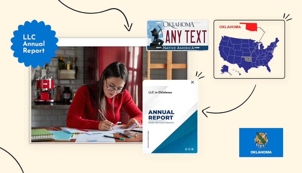 A women with glasses sitting filling annual report form for LLC with an icon of Oklahoma state map