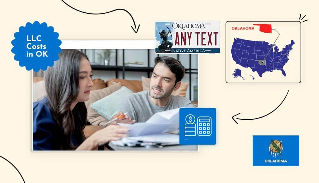 Man asking a business woman how much an LLC costs in Oklahoma with OK state icons around