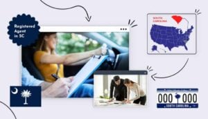 woman driving in a car states map registered agent in SC