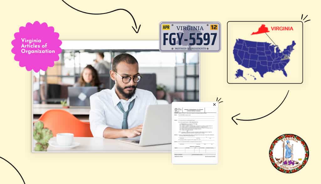 Business man at laptop filing his articles of organization in Virginia with state map and state icons