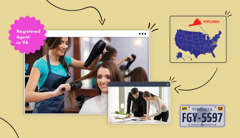 Women in a hair salon and woman and man assigning a registered agent with Virginia map and state icons