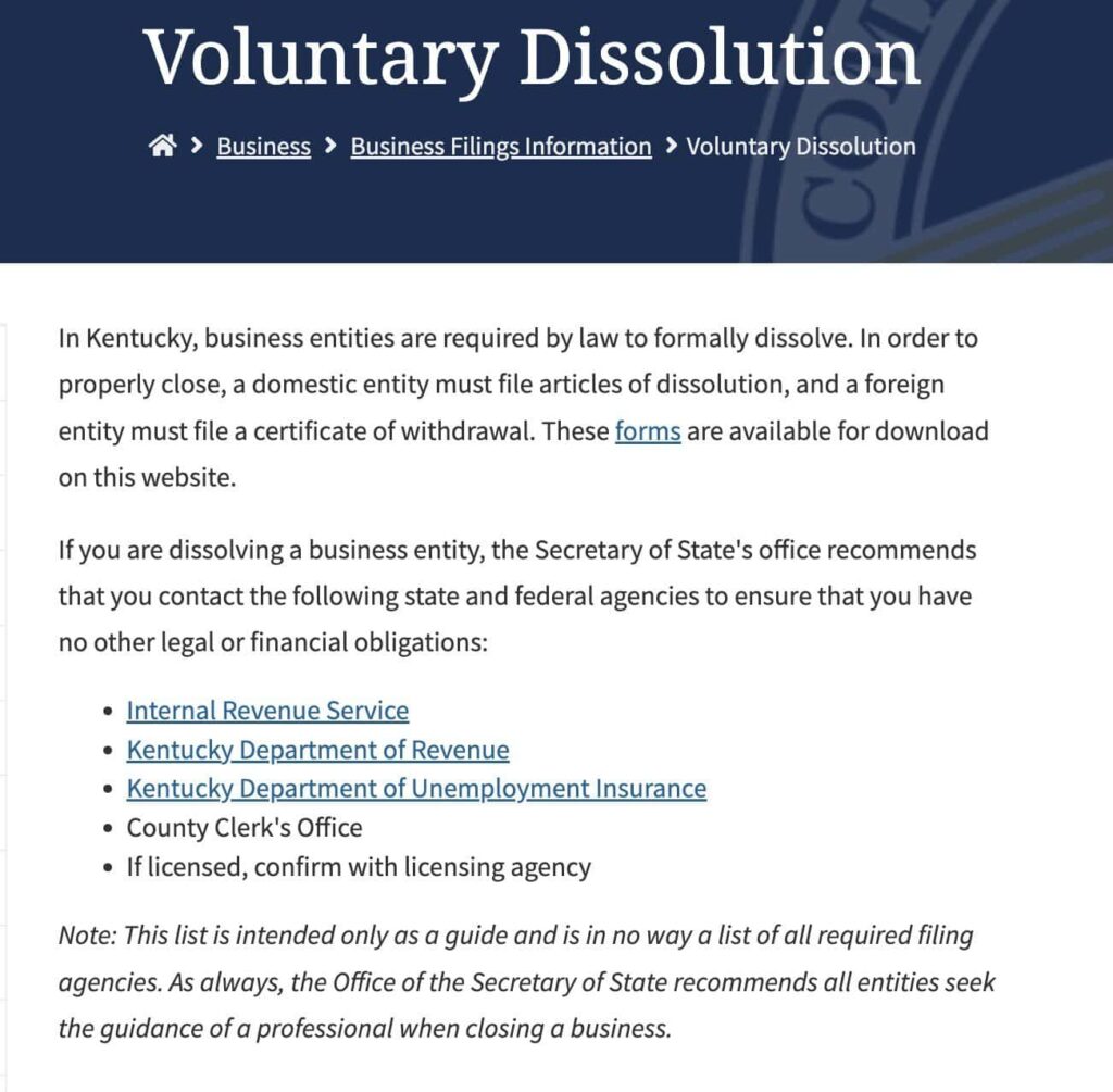 visit the Voluntary Dissolution page located under Business Filing Information.
