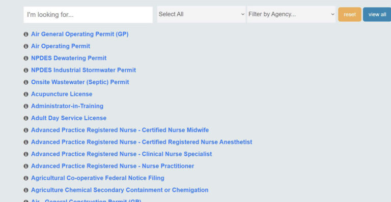 You can look for licensing by category or by agency. You can Select All categories to see a complete list:
