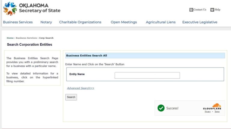 To start your search, go to the Oklahoma Secretary of State’s Search Corporation Entities web page.