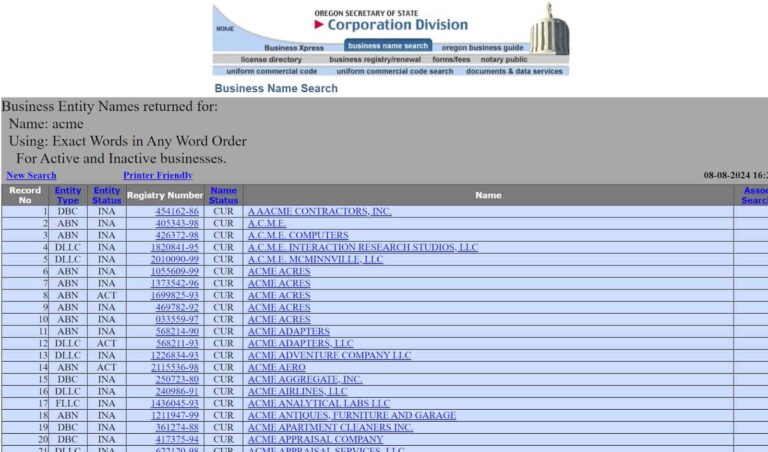 partial list from a search for the name “Acme.”