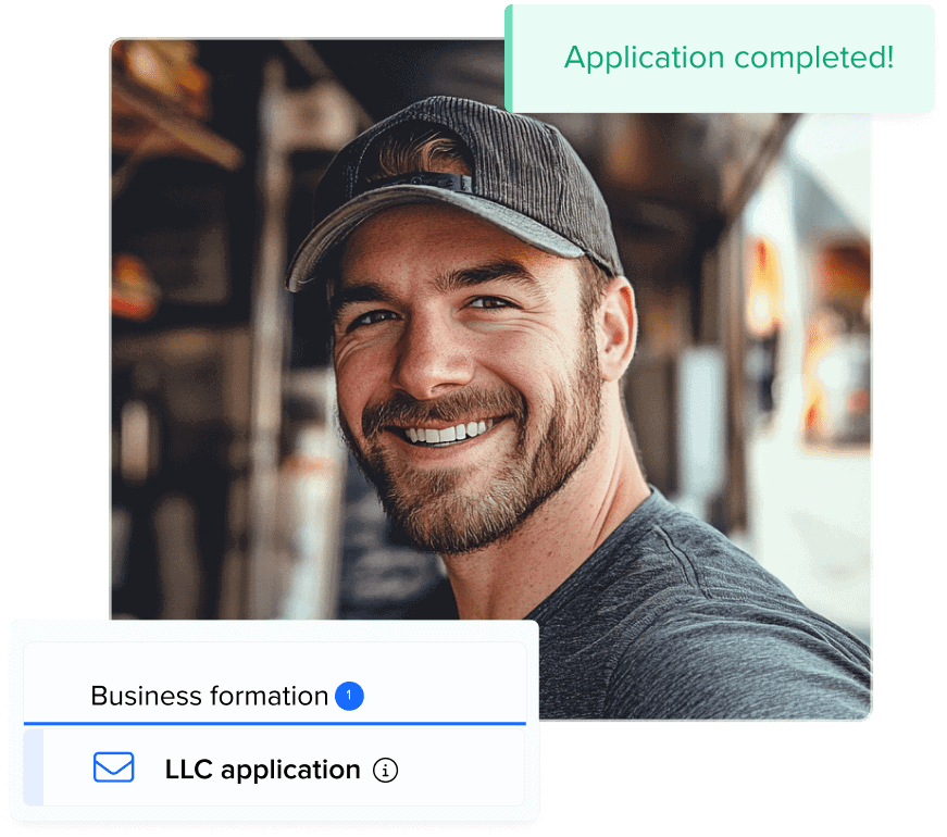 LLC Formation pricing page main image with a happy llc owner smiling with LLC icons overlaid