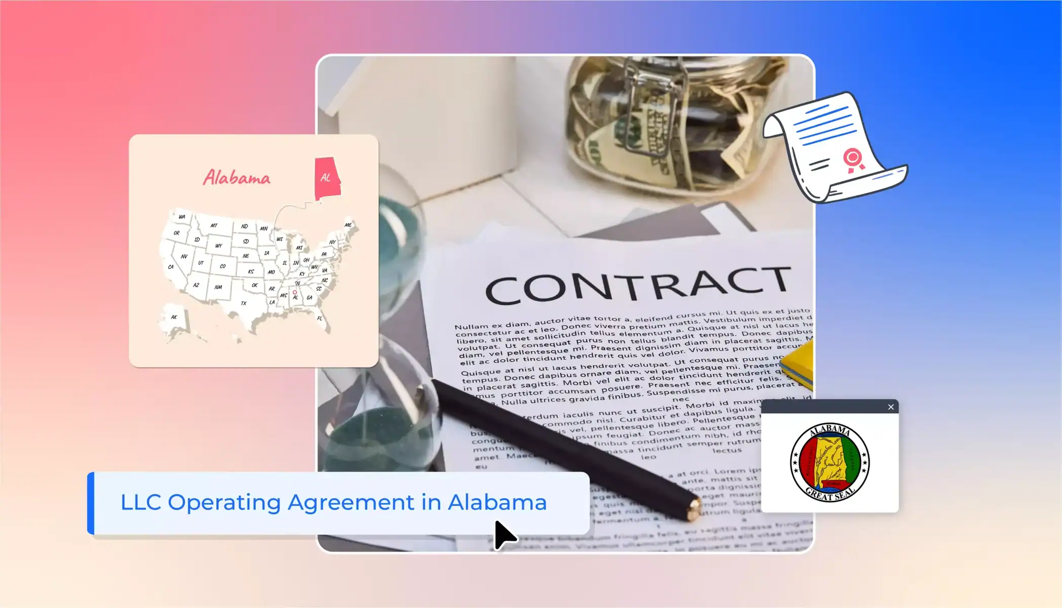 Contract on a table states map LLC operating agreement in Alabama map of Alabama