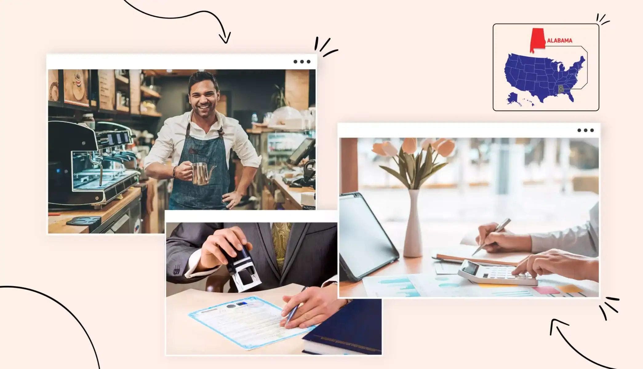 Barista, stamping a form, and someone with calculator calculating business license costs, states map Alabama map