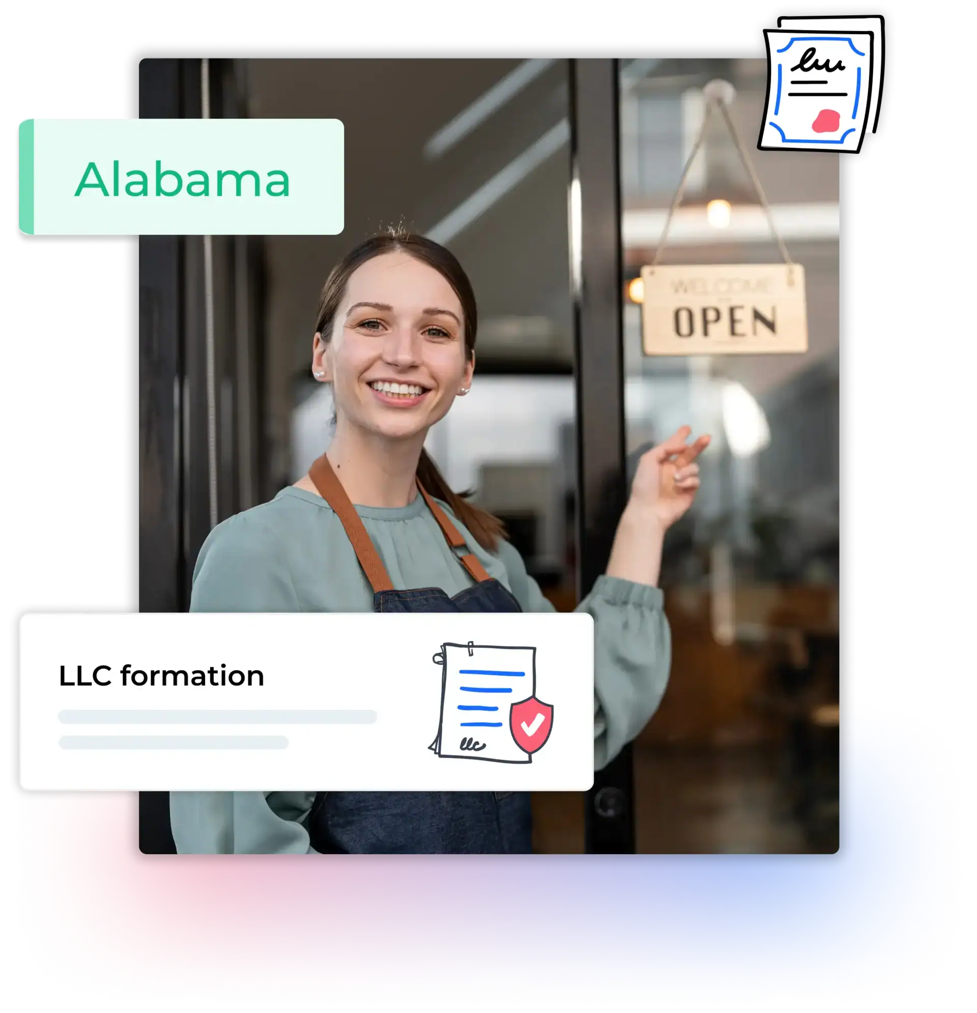 Alabama LLC formation woman with apron pointing at her open sign for her store