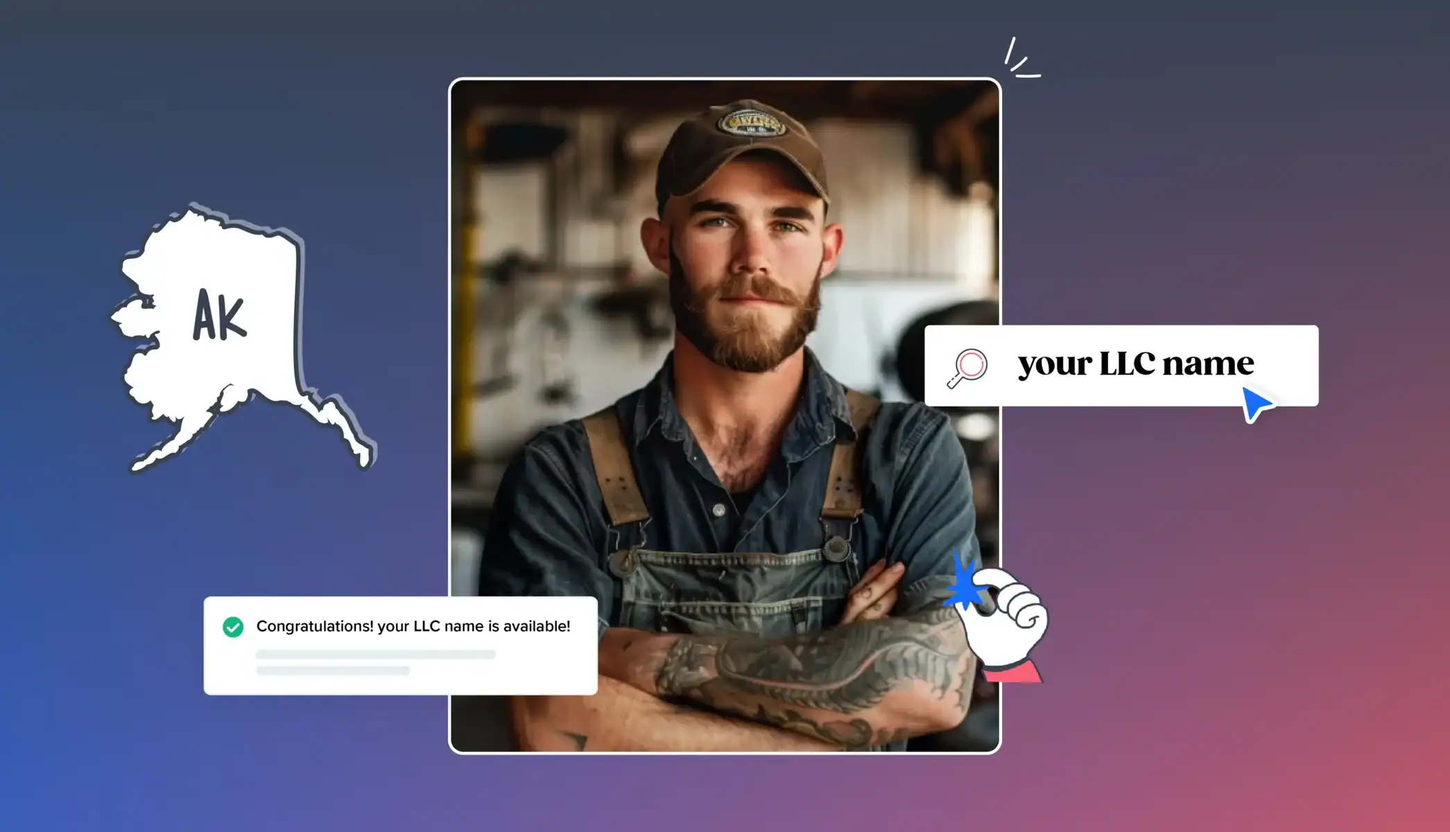 man with a hat in a shop Alaska map your LLC name is available