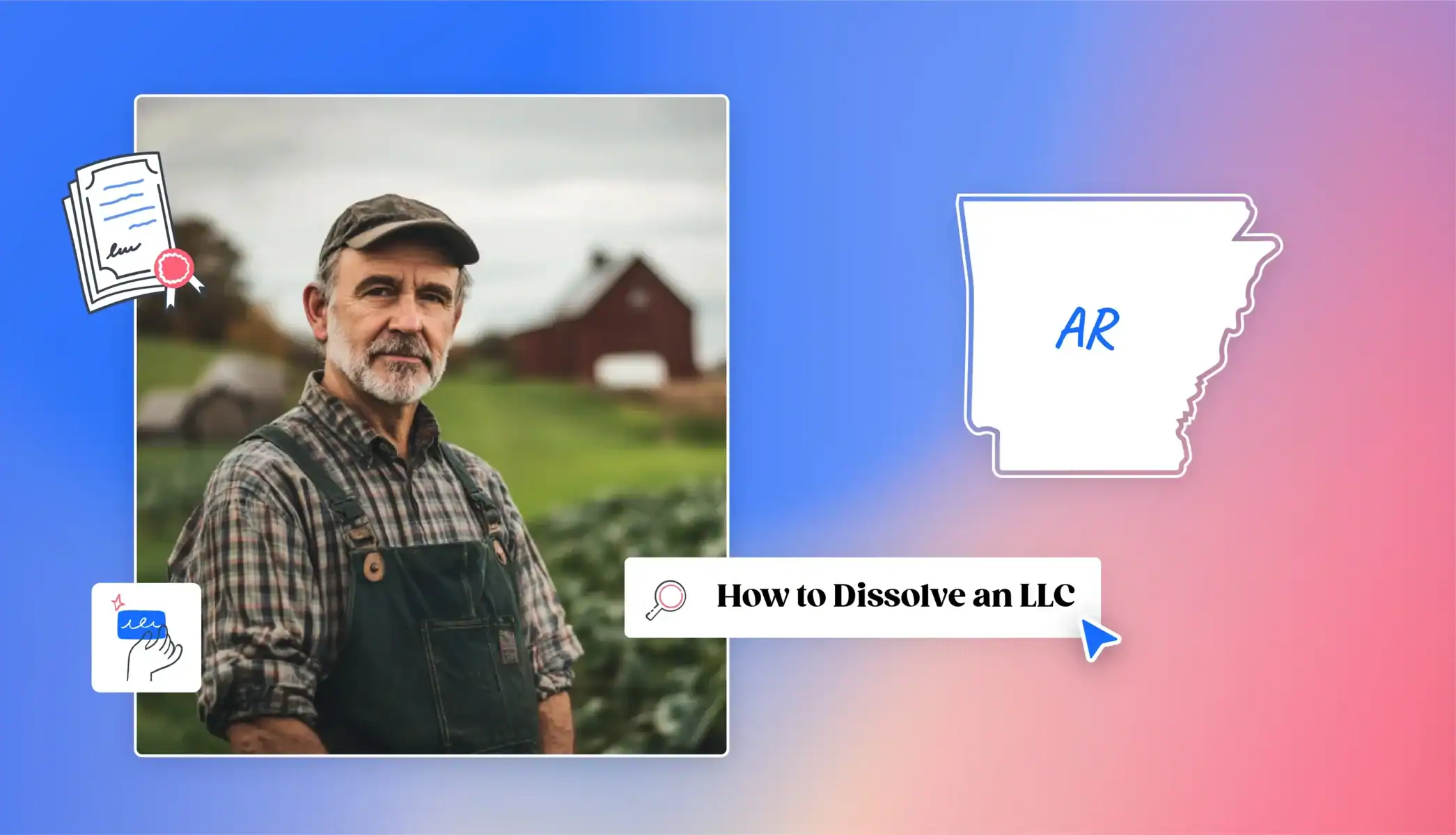 Farmer podering how to dissolve an LLC with Arkansas state map and icons
