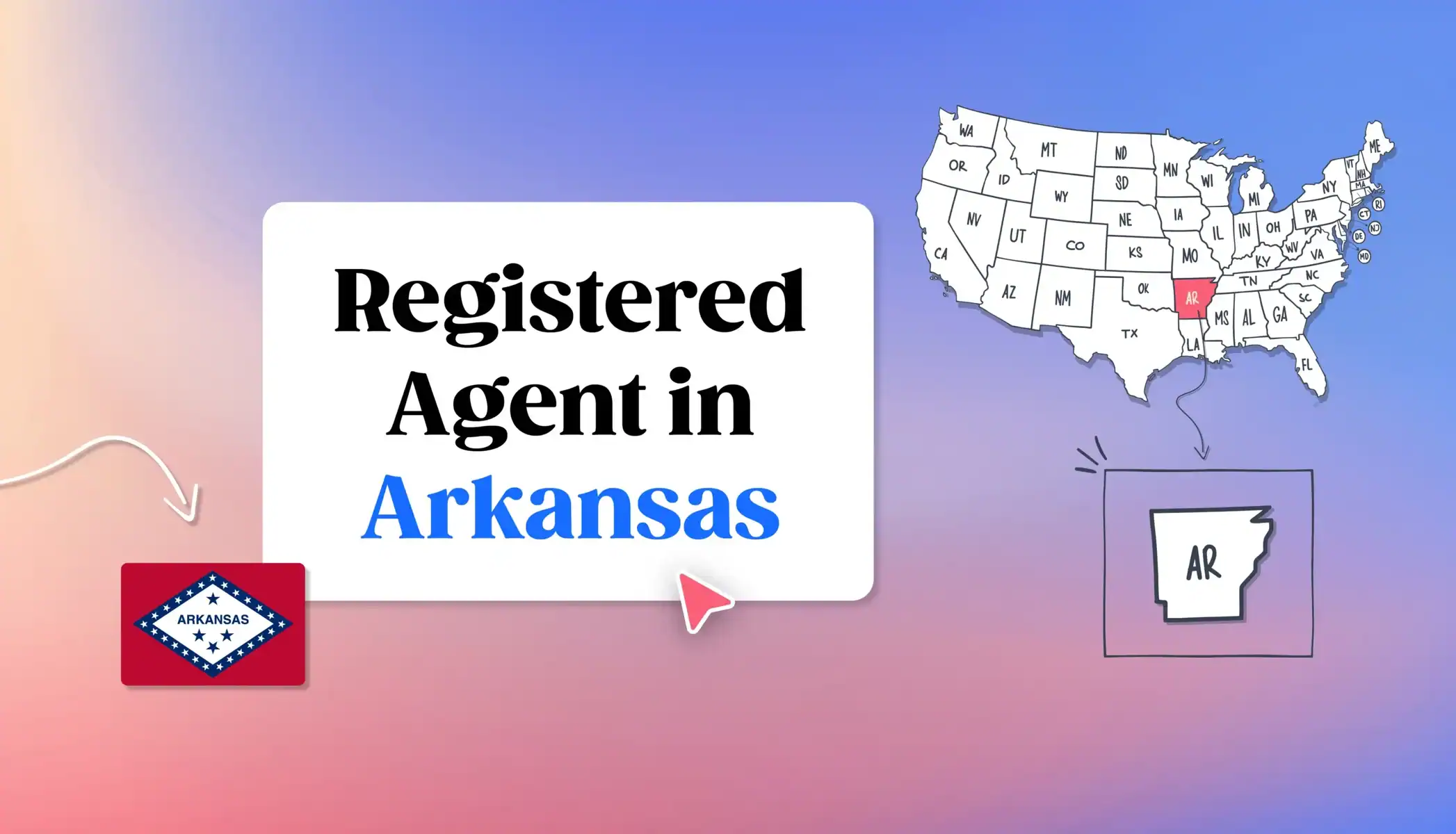 Registered Agent in Arkansas text with Arkansas map and icons