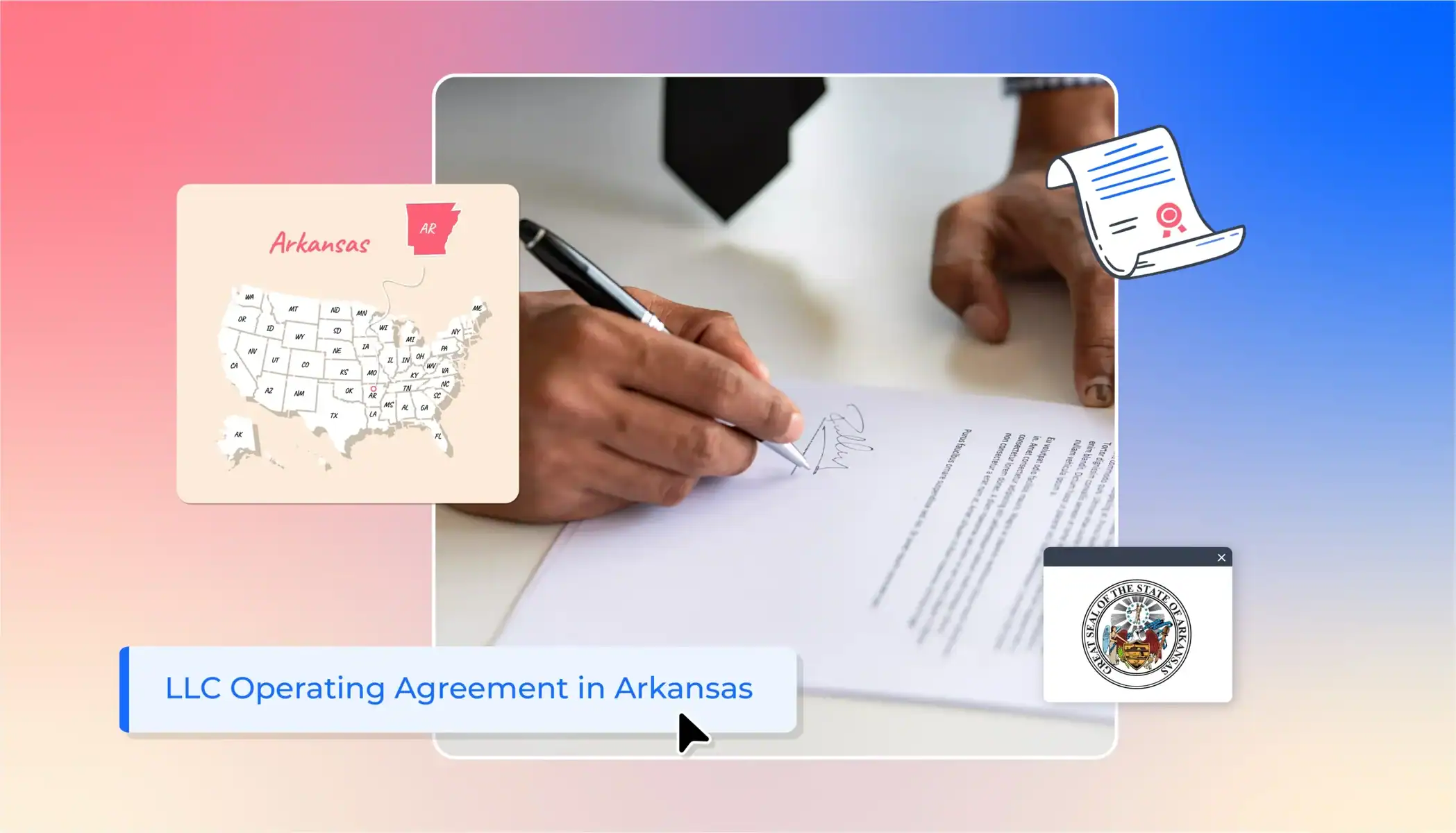 An man signing an operating agreement with Arkansas state map and icons