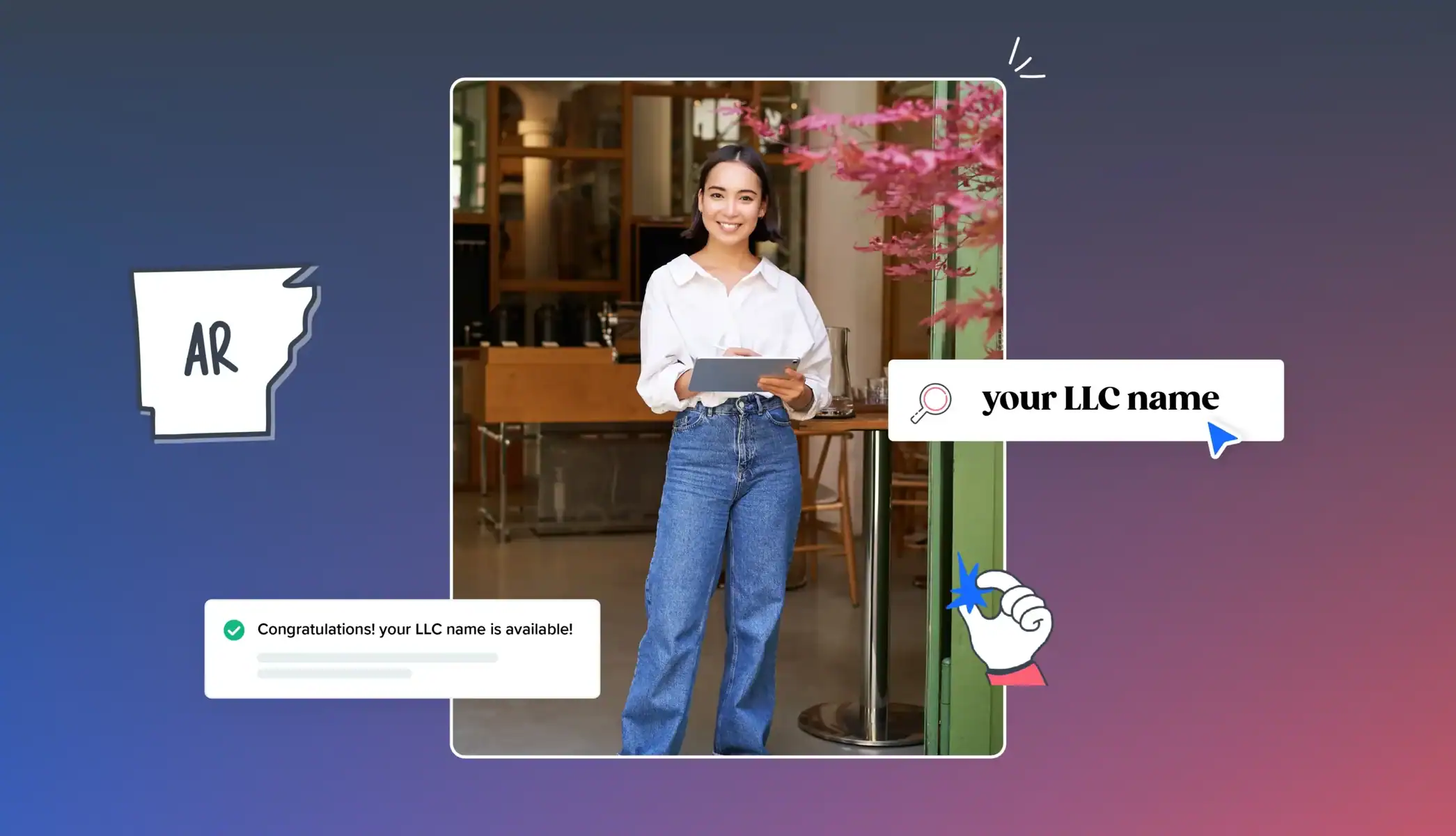 Business woman holding a tablet searching the business entity portal with Arkansas map and icons