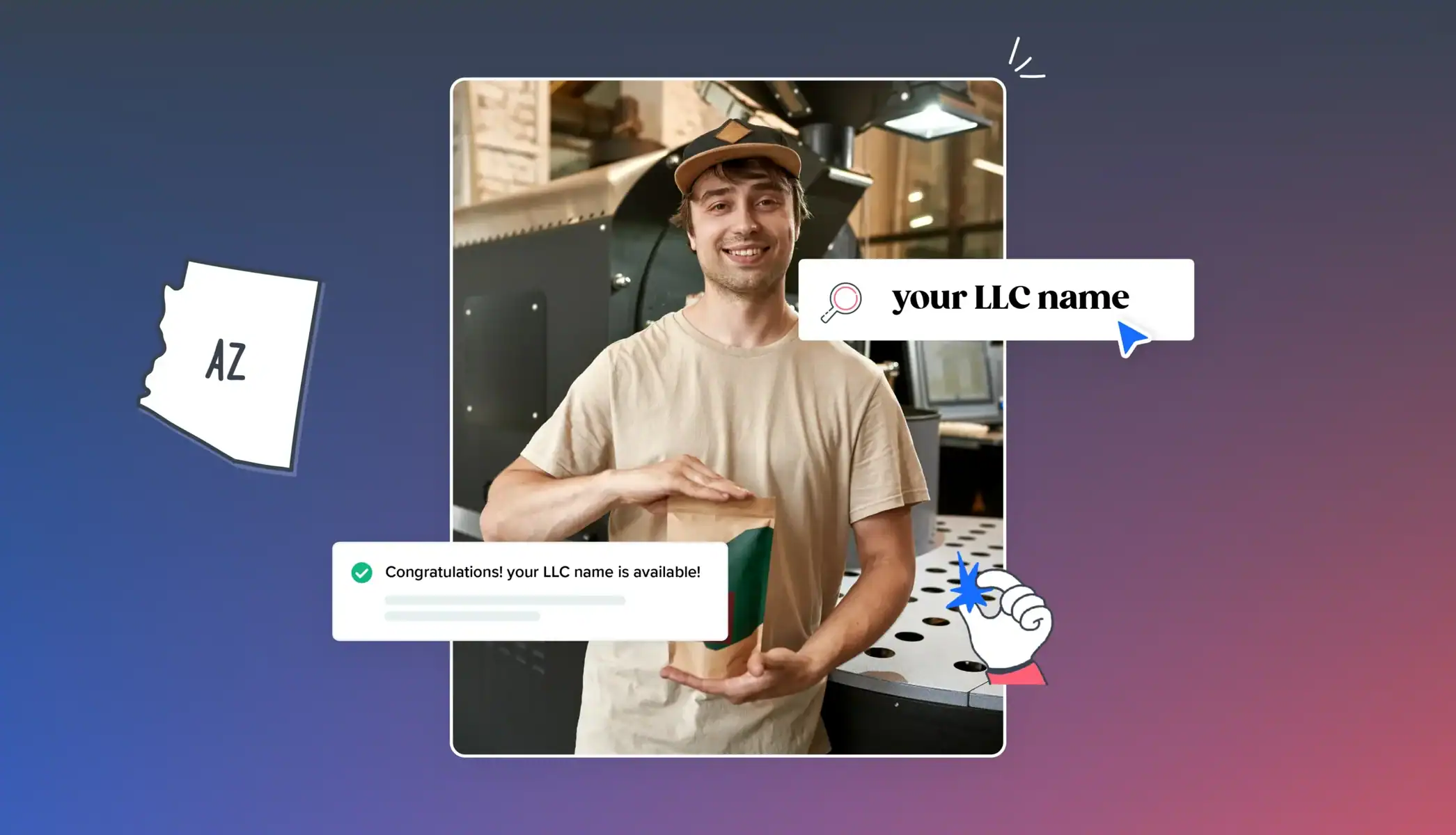 Arizona state map your LLC name is available man with a hat and coffee bean bag at his store business owner
