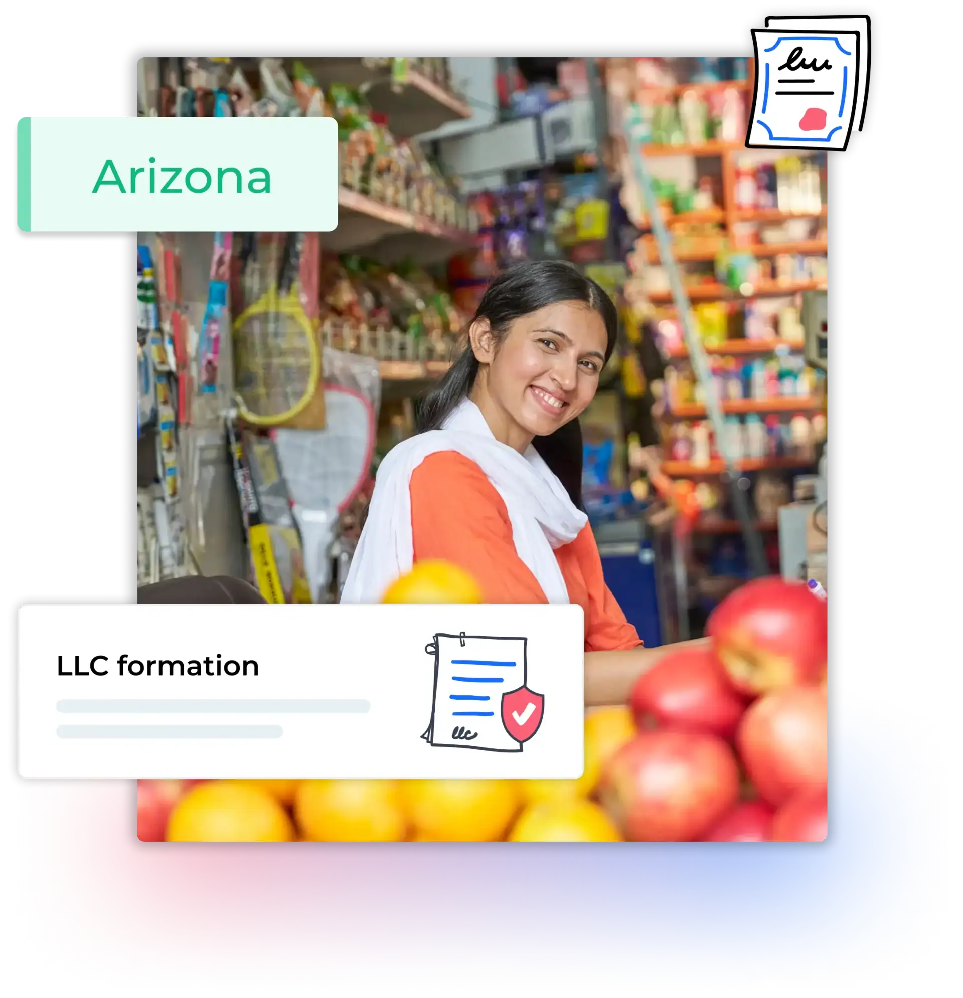 Arizona LLC formation woman with white scarf in her bodega