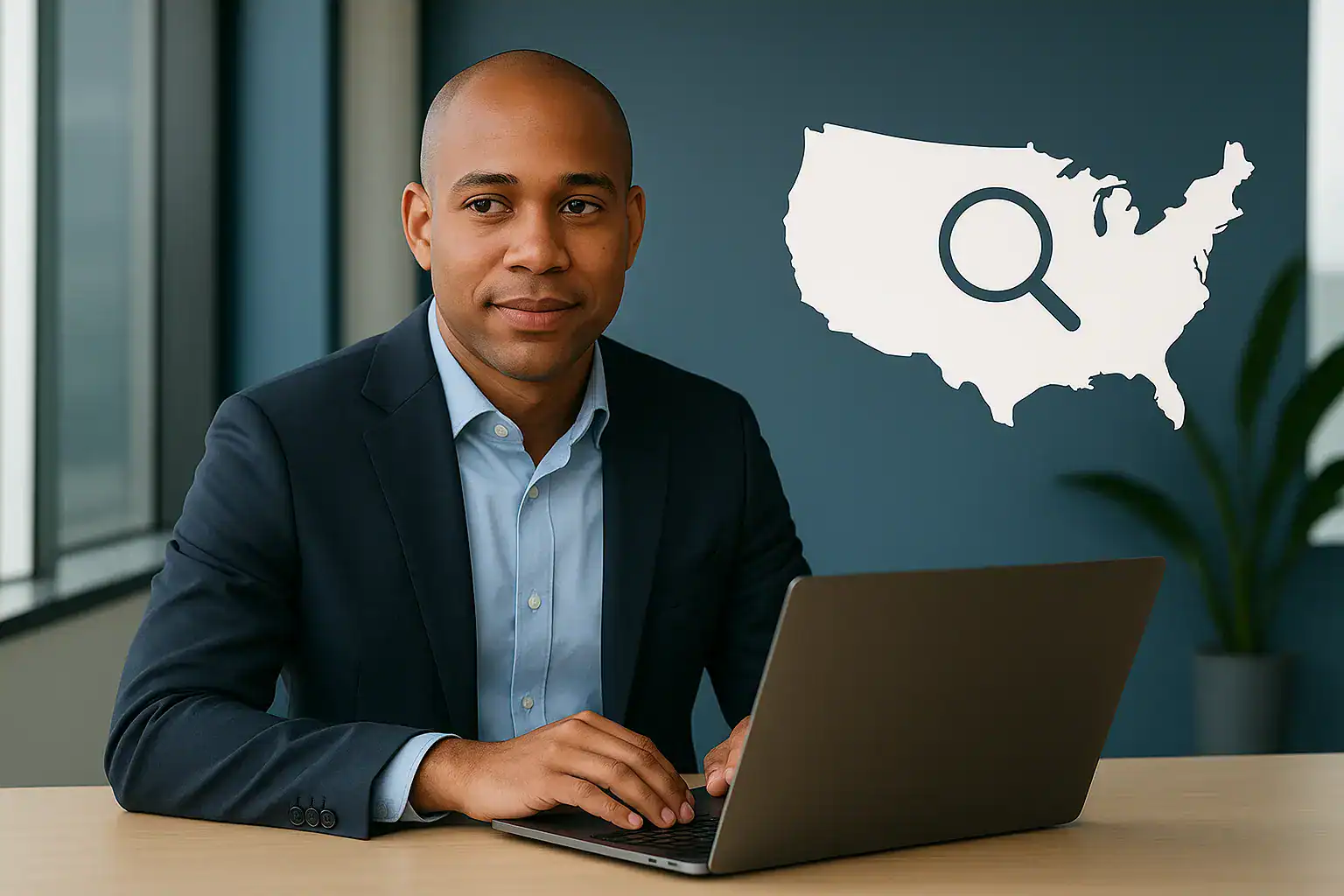 Busines man at laptop doing a Secretary of State business entity search