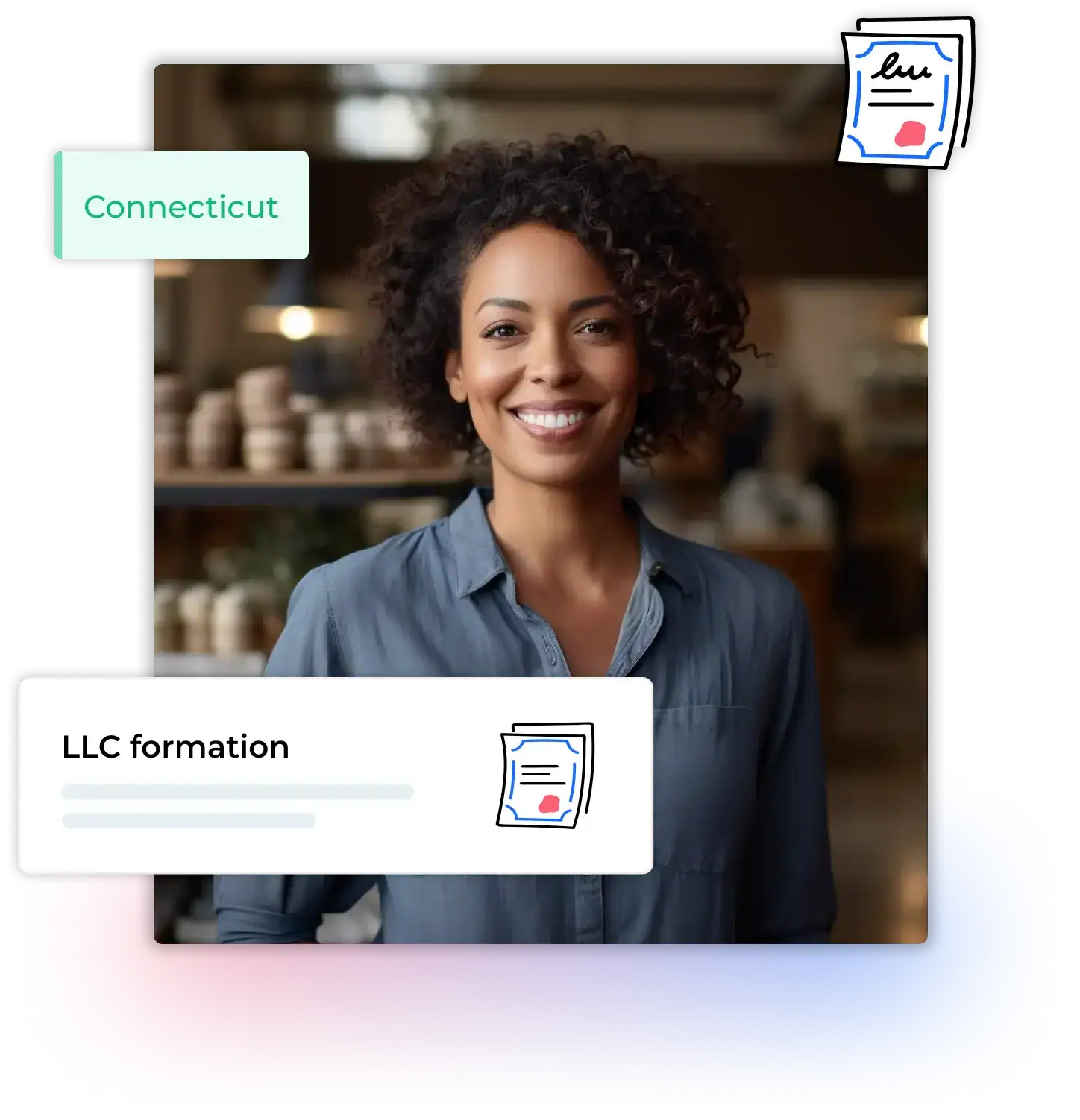 Curly haired woman smiling in a pottery shop completed llc application in Connecticut