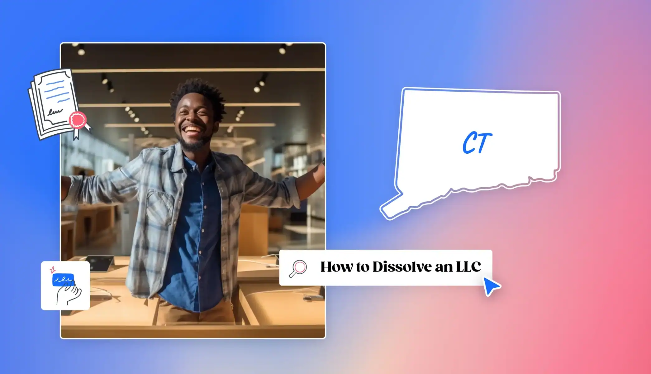 Connecticut map man smiling in a store How to Dissolve an LLC