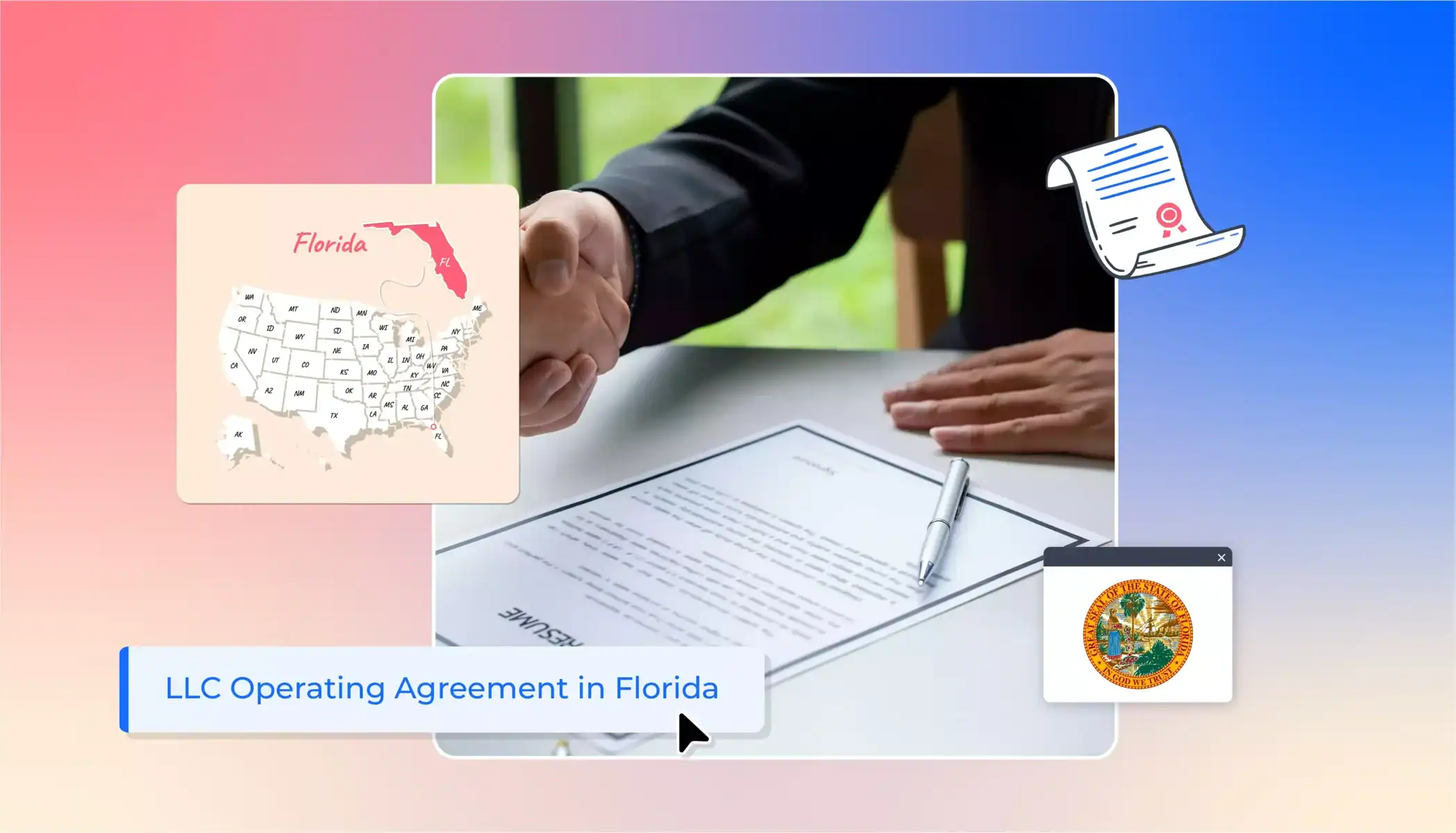 someone signing a paper LLC operating agreement in Florida states map Florida map