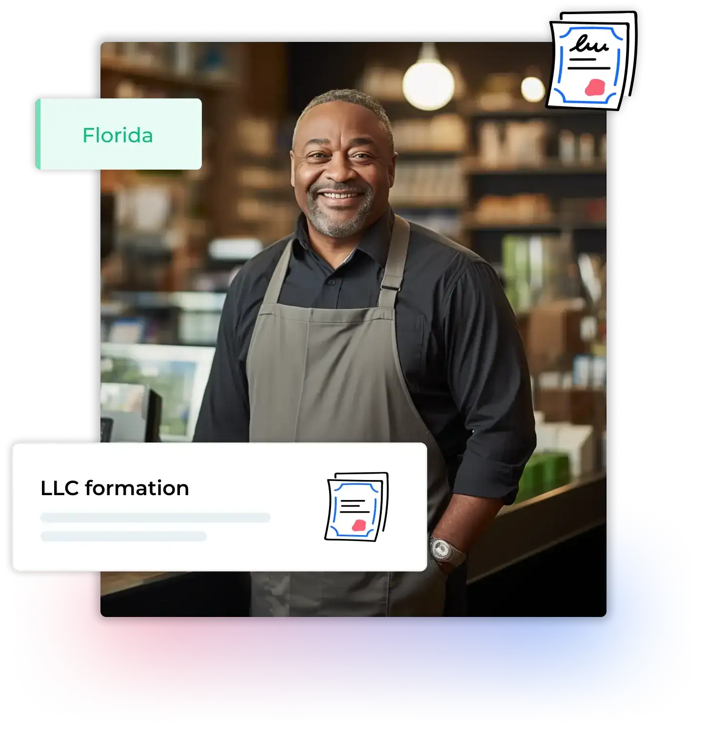 A happy man wearing apron at his cosmetic shop in Florida just file his LLC application