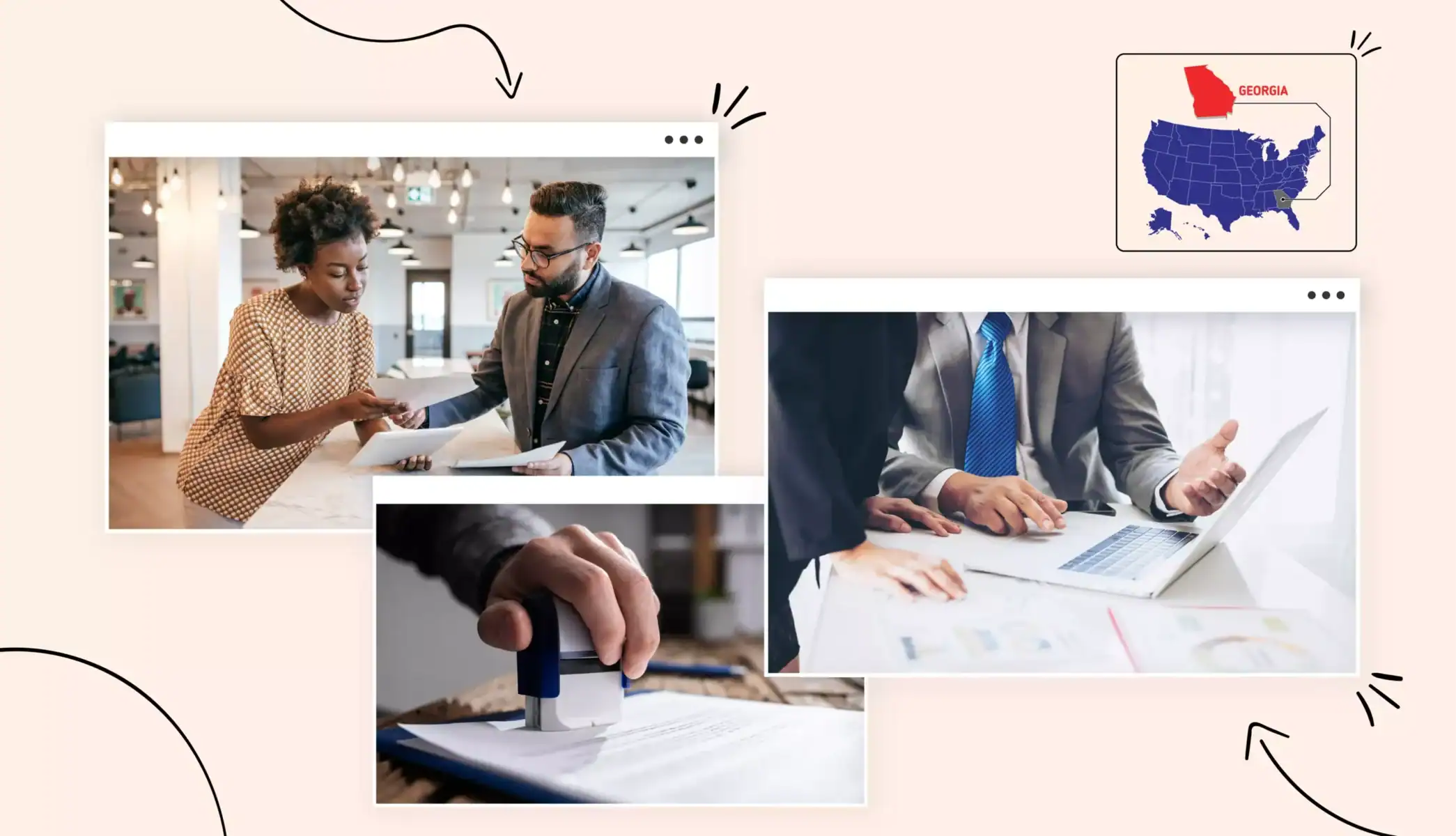 people in a business meeting man in a suit reviewing license cost in his laptop states map Georgia