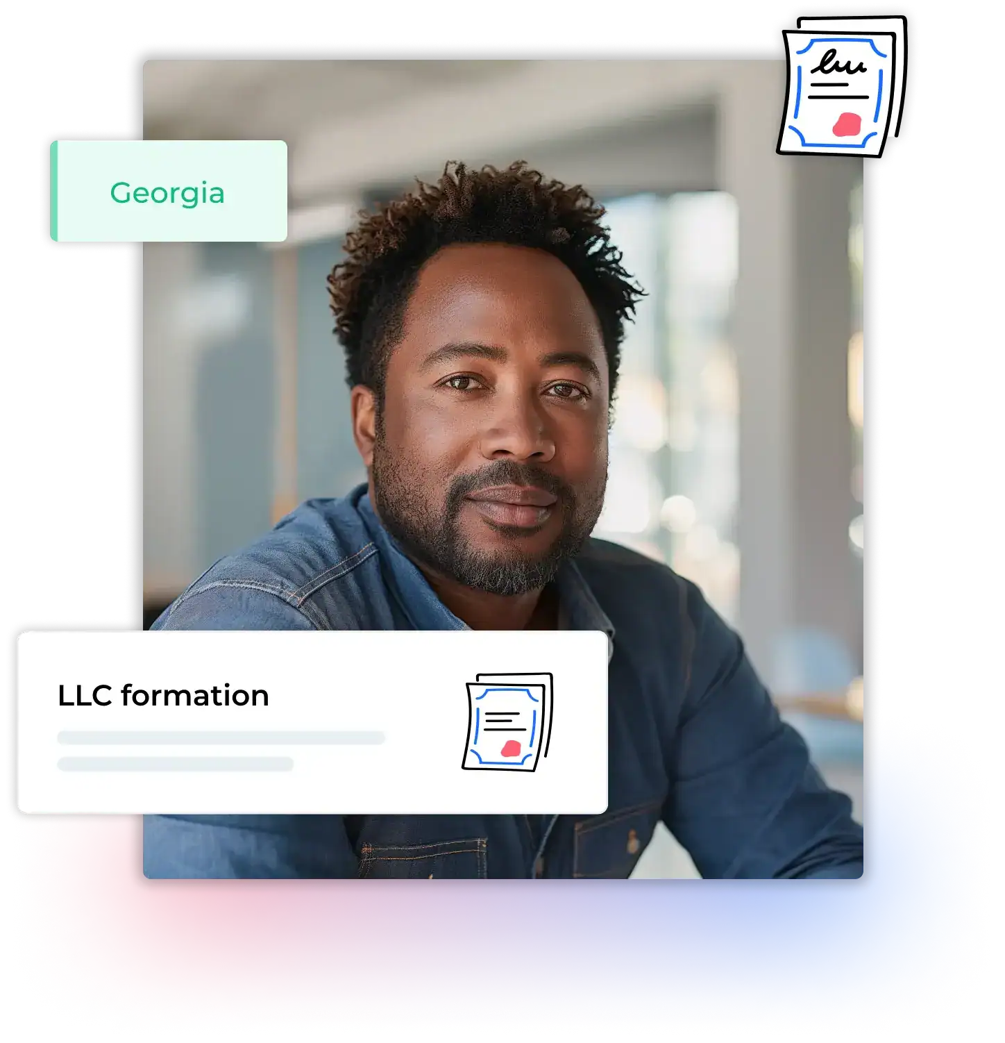Man wearing a jeans shirt just finished his LLC formation application in Georgia