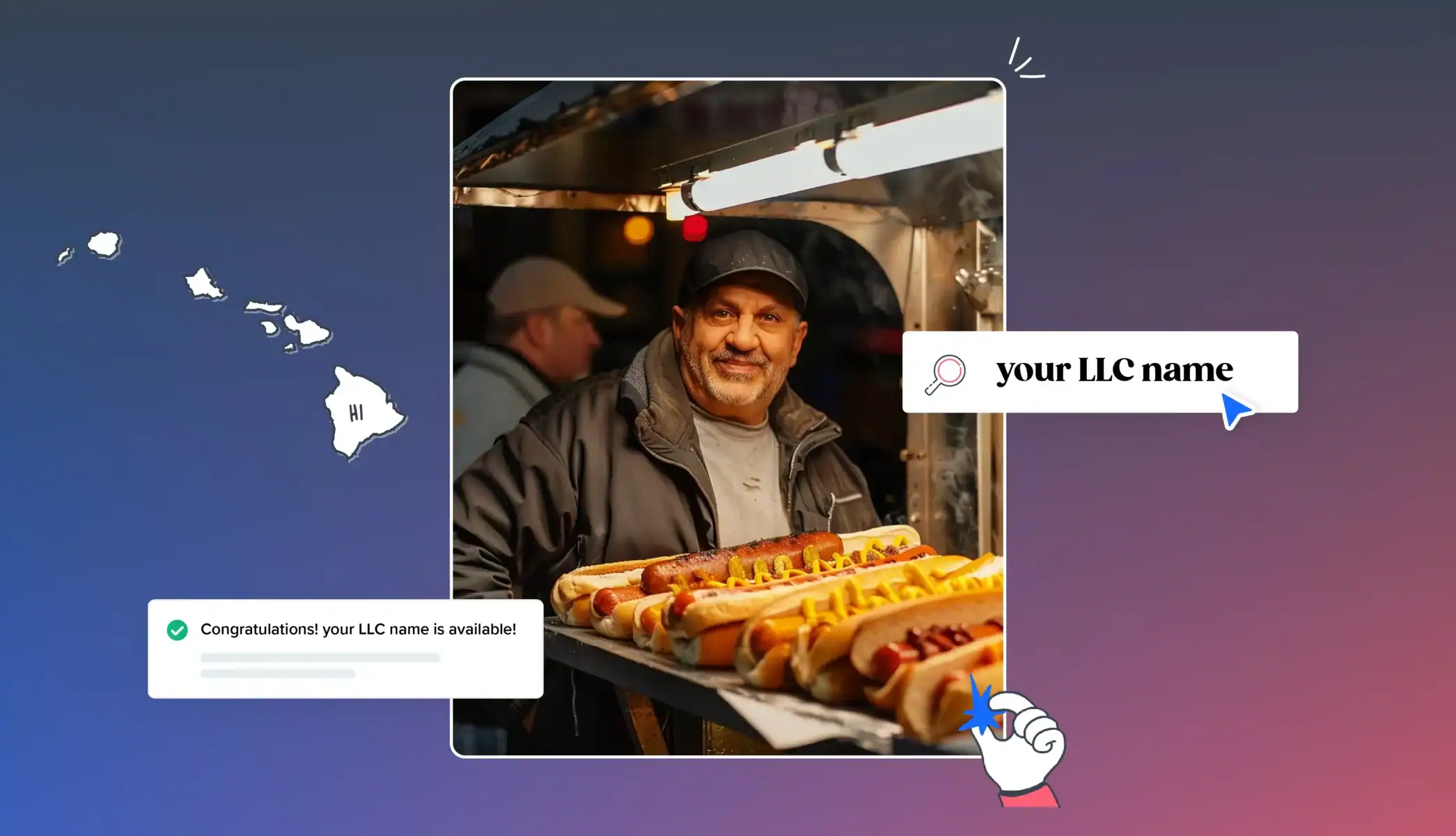 your LLC name is available man with hotdogs on a tray Hawaii map