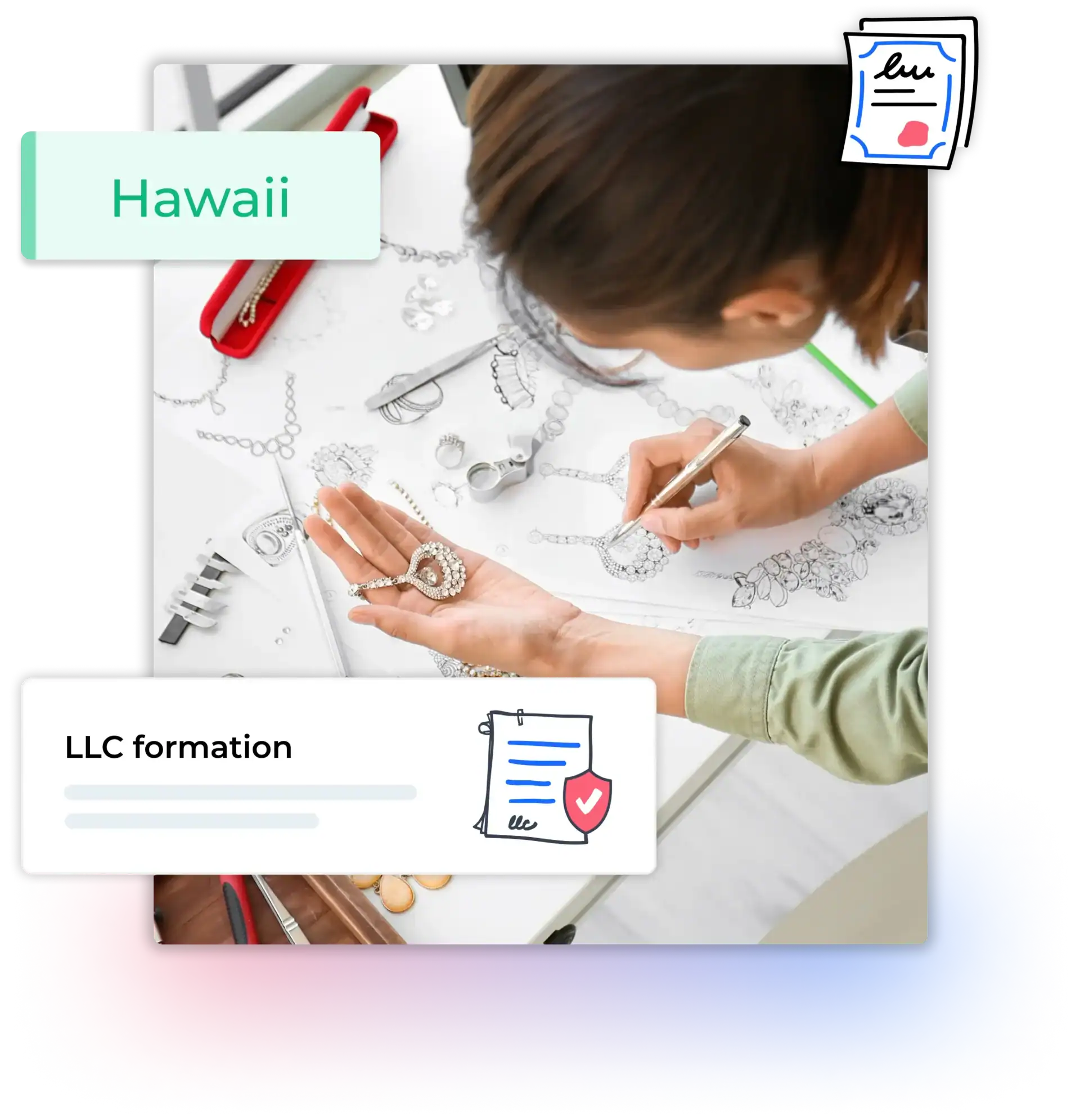 Hawaii LLC formation woman working in her jewelry business drawing sketches
