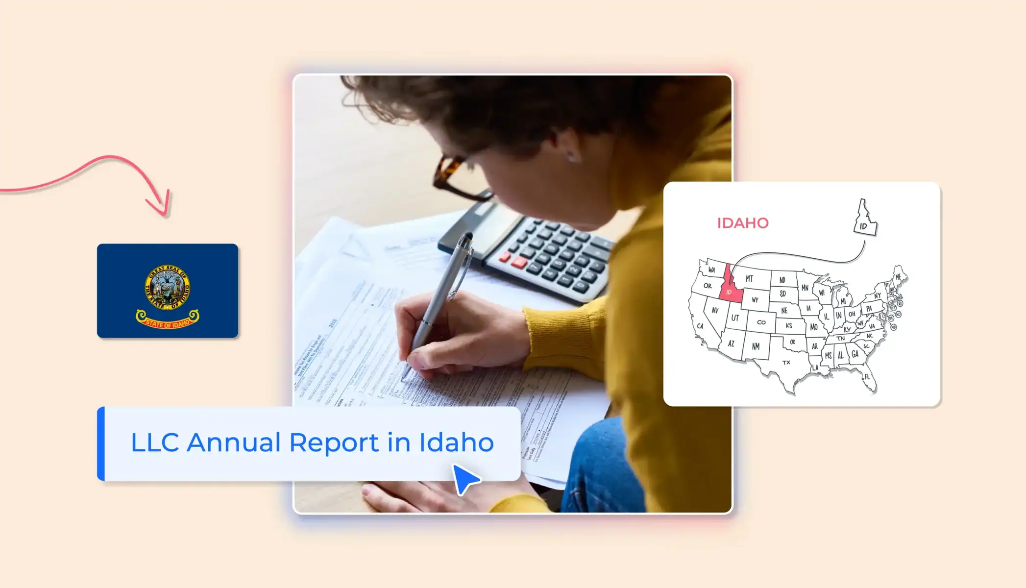 Idaho LLC annual report woman filling the report with calculator states map