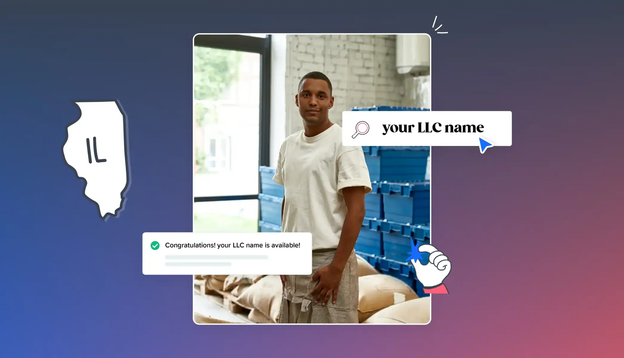 Illinois business owner in his storage room your LLC name is available