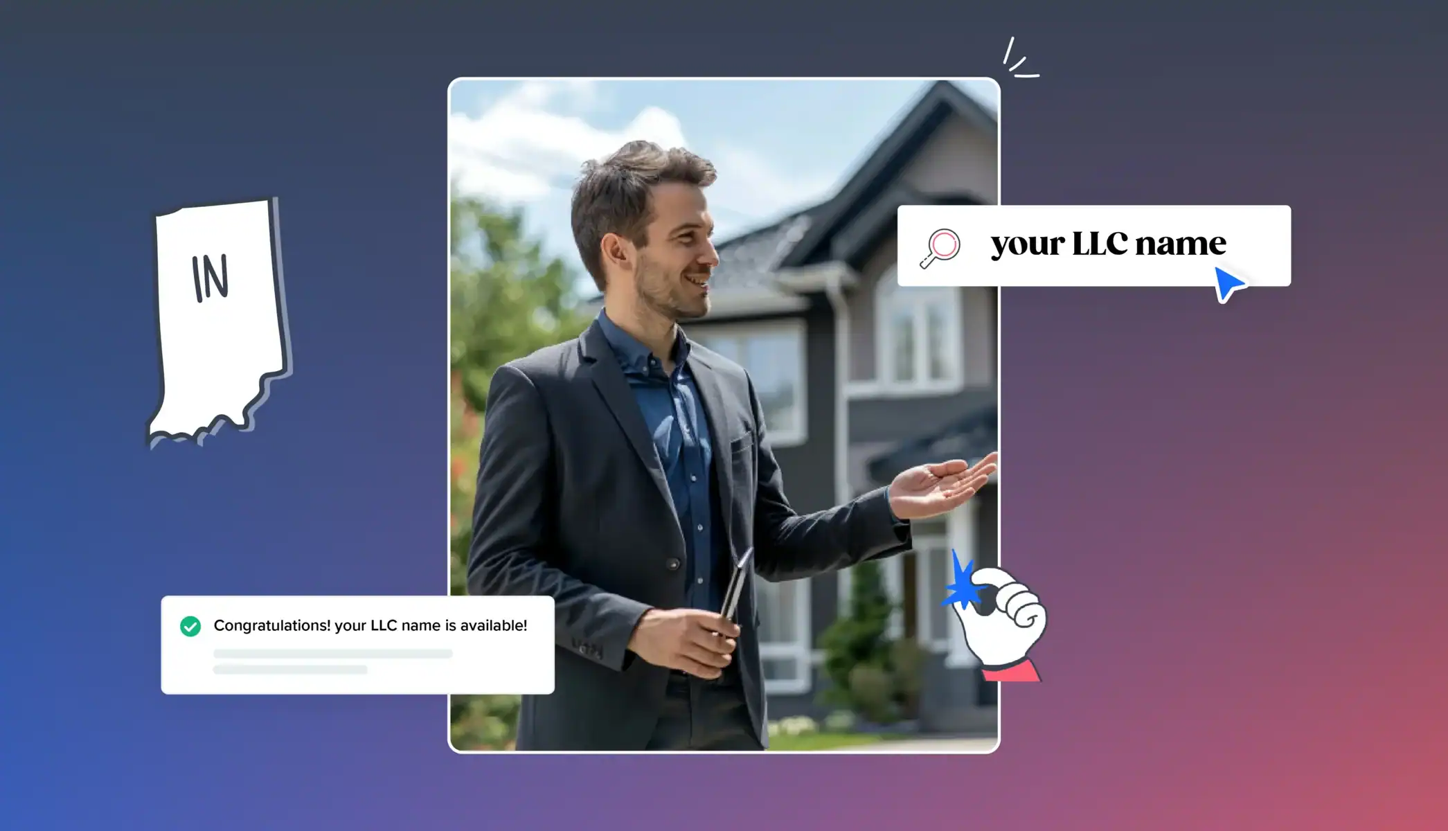 Man in a suit in front of a house Indiana map your LLC name is available