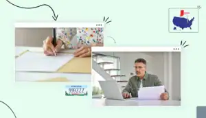 hand signing form man with laptop and docs calculation business license costs states map Indiana map