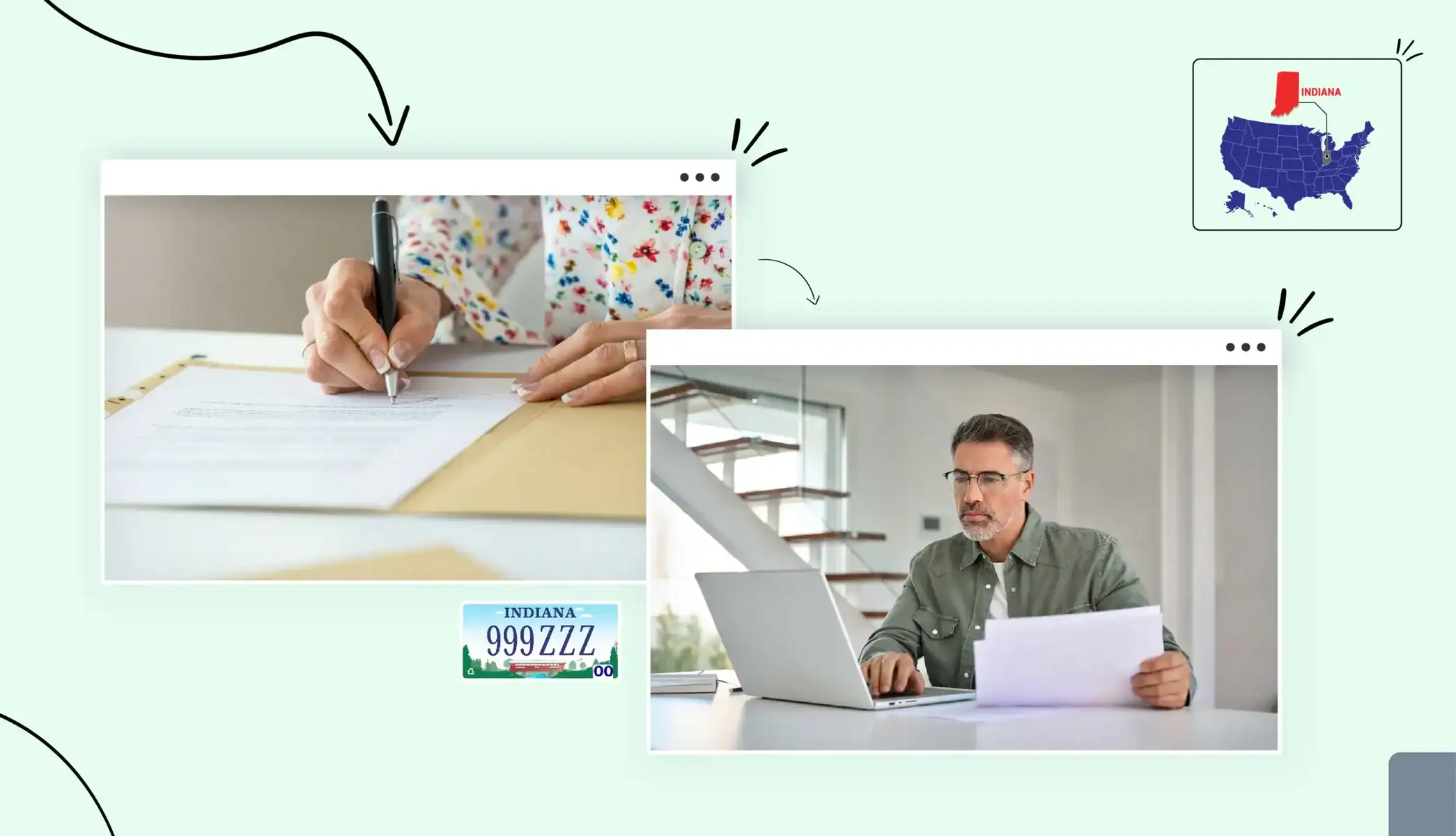 hand signing form man with laptop and docs calculation business license costs states map Indiana map