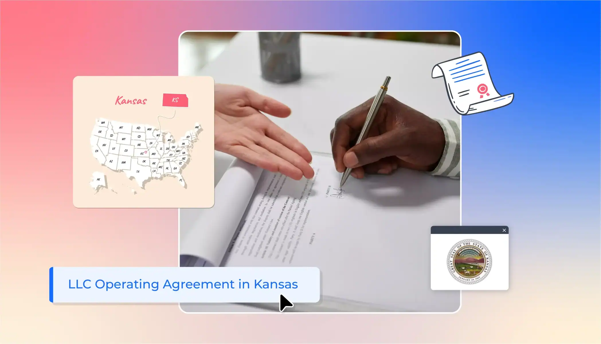 Two businessmen signing an operating agreement with the Kansas state map and state icons around