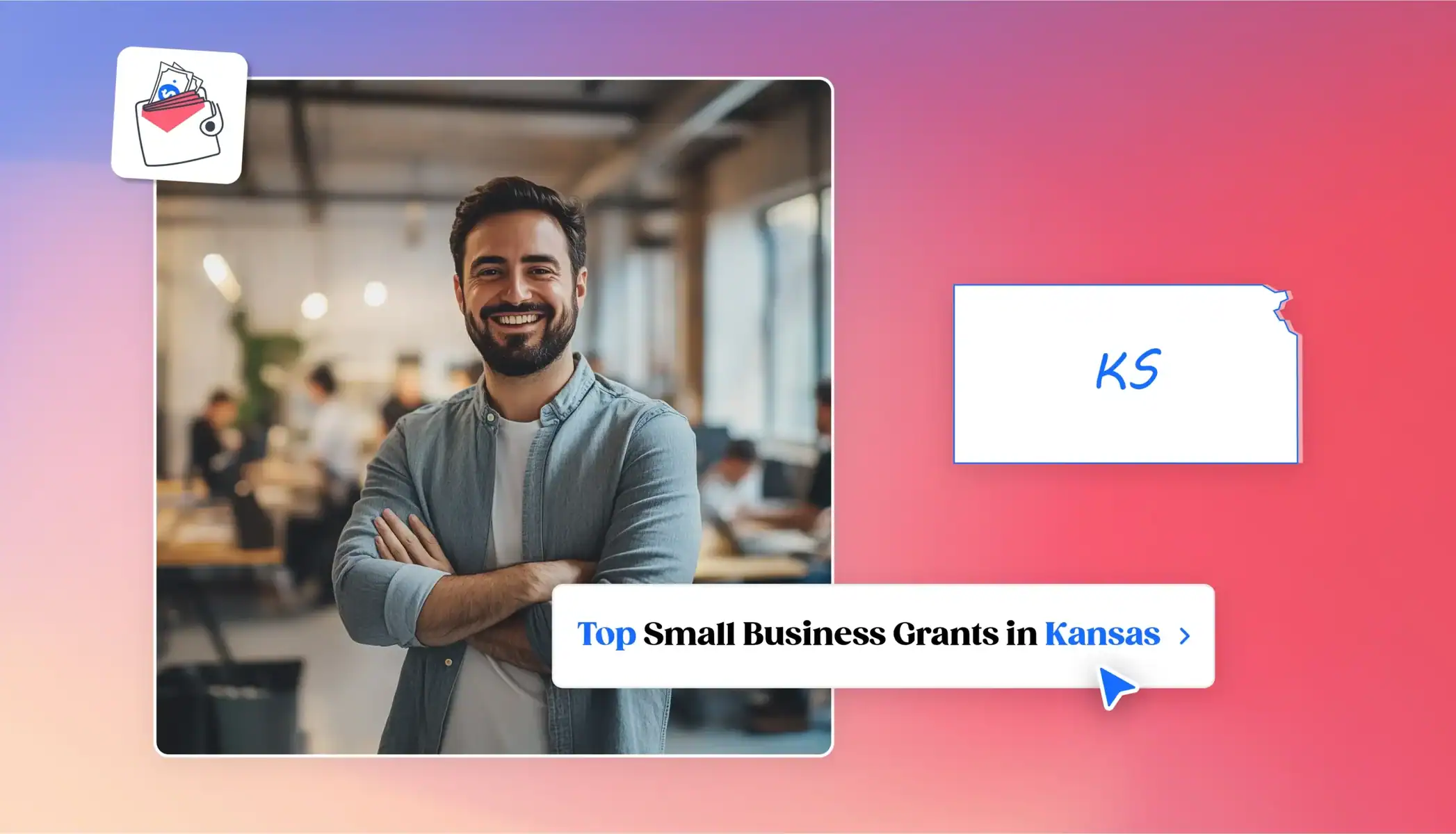 Man with small business behind him Kansas state map