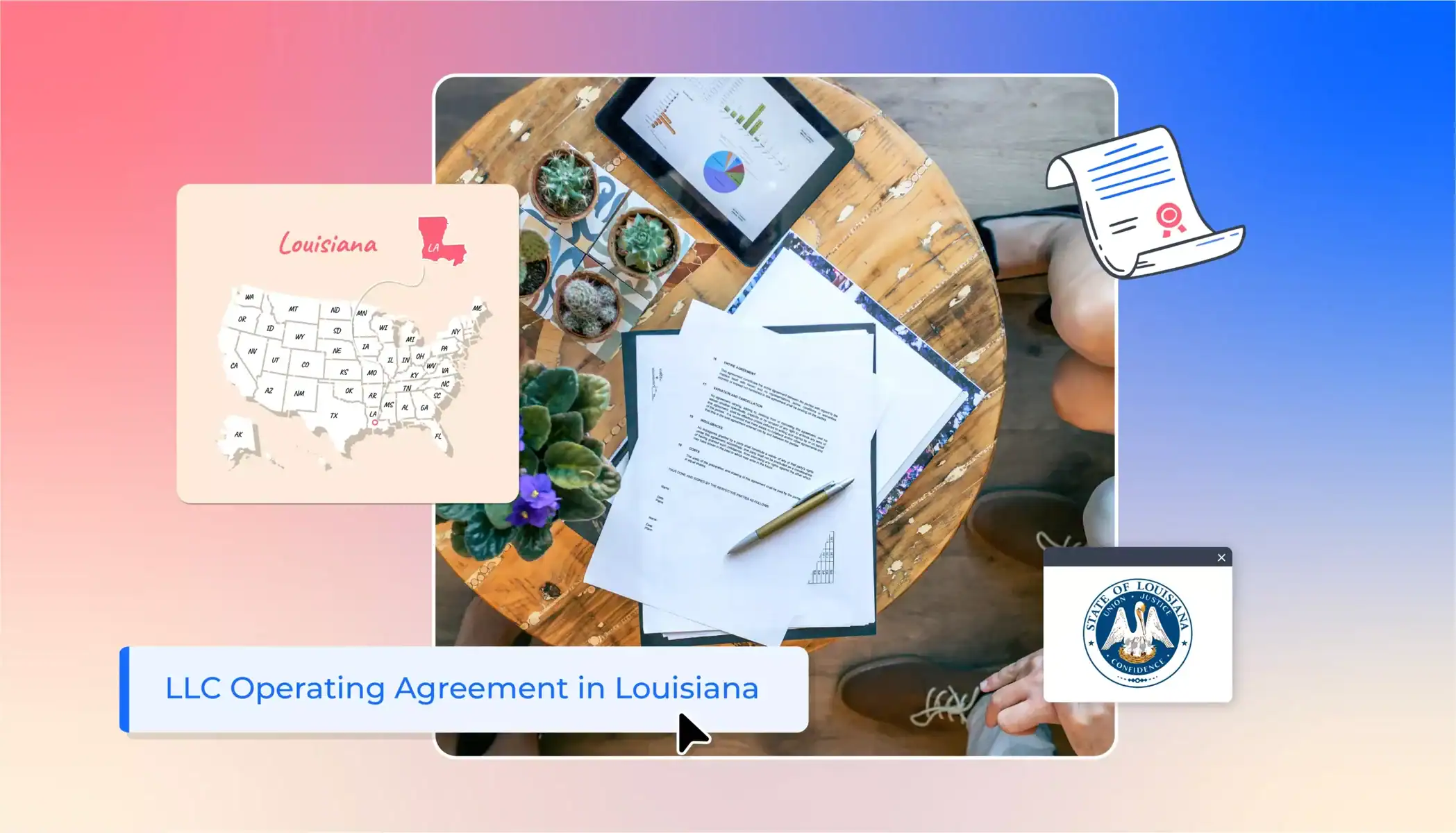 table with plants tablet and contract operating agreement Louisiana states map LLC operating agreement in Louisiana